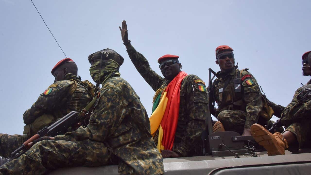 Lieutenant Colonel Mamady Doumbouya, head of the Army's special forces and coup leader, arrives at the Palace of the People in Conak, Guinea.