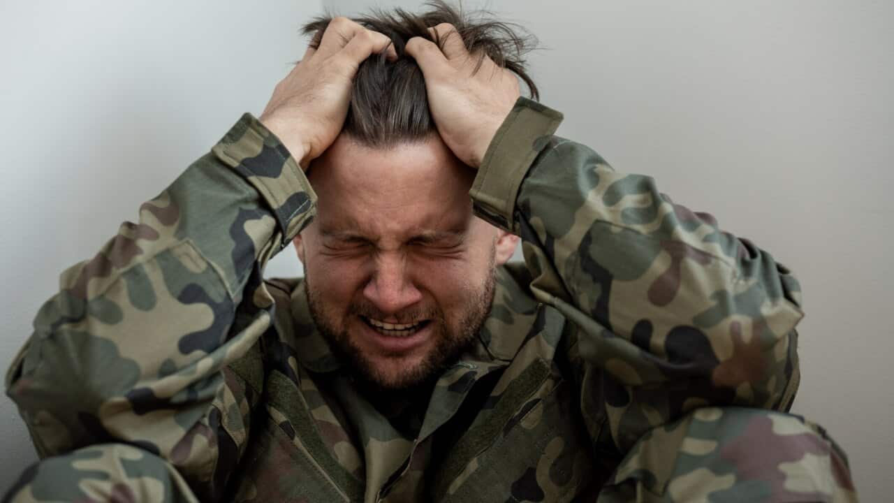 Model depicting soldier with Post Traumatic Stress Disorder.