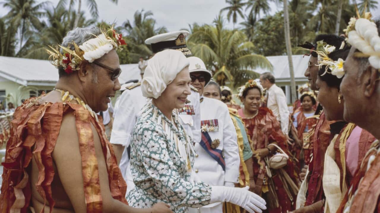 The Queen embracing multiculturalism in Tuvalu during her 1982 tour of Australia and the Pacific
