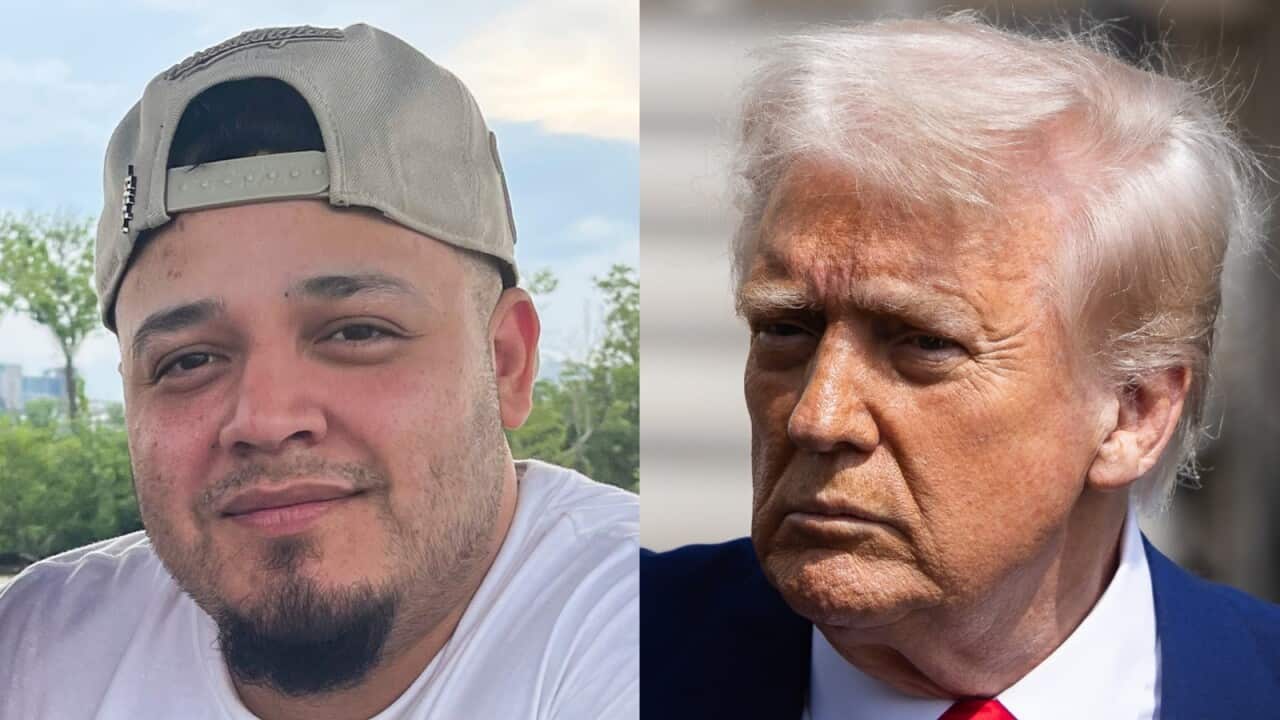 A two-way image of Kilmar Abrego Garcia and Donald Trump.