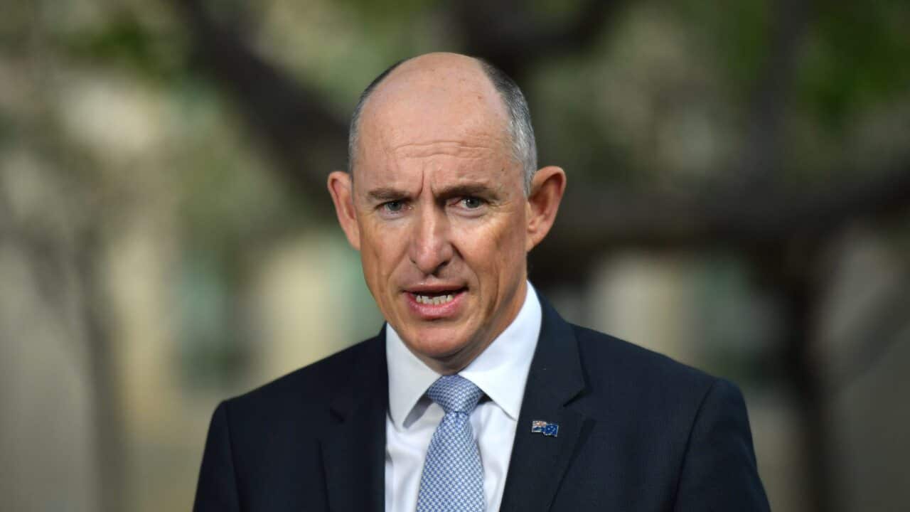 NDIS Minister Stuart Robert at a press conference at Parliament House