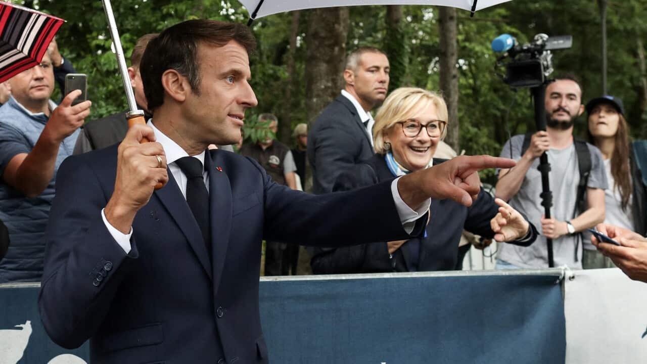 French President Emmanuel Macron at a polling station in Le Touquet, northern France.