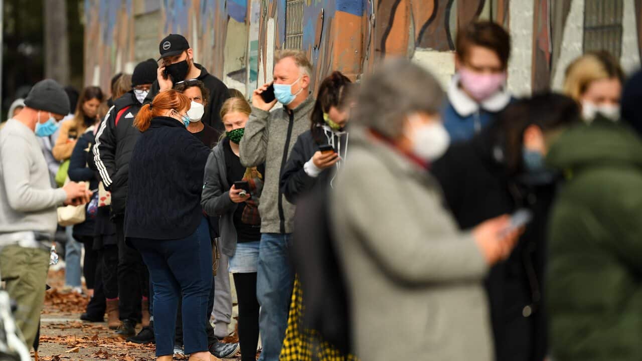 People wait to undergo a COVID-19 test in Melbourne this week.