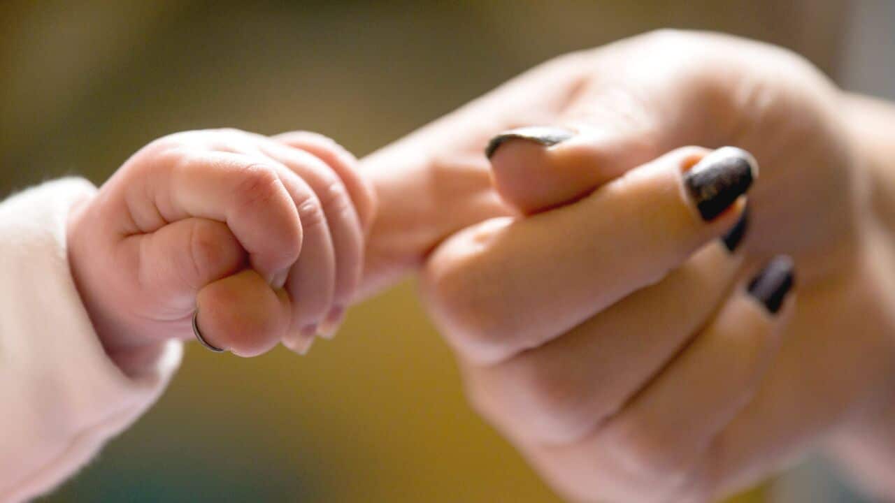 File photo of a baby holding the finger of its mother.