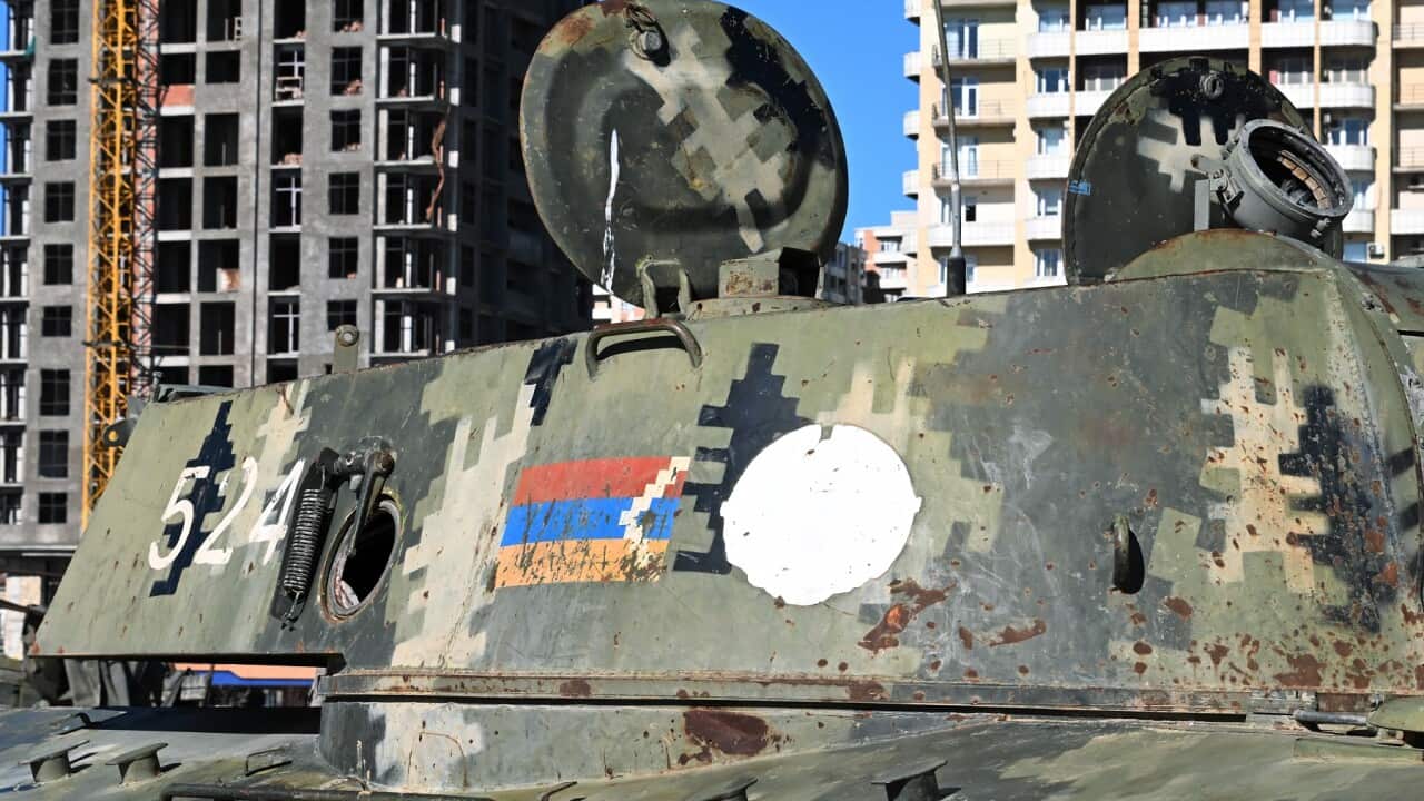Park of Military trophies captured by the Armed Forces of Azerbaijan during the fighting in Nagorno-Karabakh in the fall of 2020, on the embankment of the Caspian Sea.