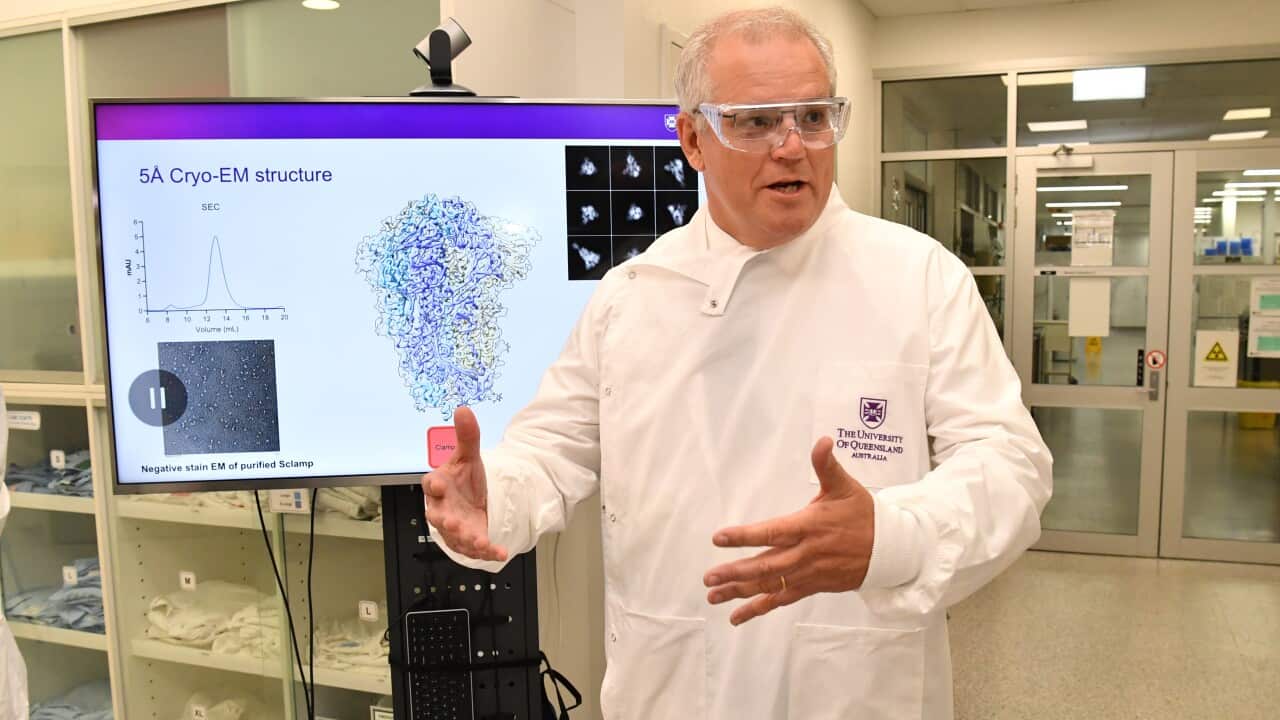 Prime Minister Scott Morrison is seen during a tour of the University of Queensland Vaccine Lab in Brisbane, Monday, October 12, 2020.