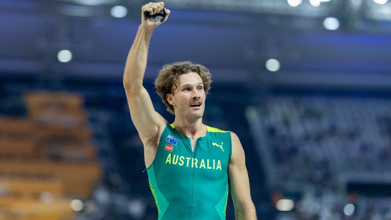 Kurtis Marschall celebrates during the men's pole vault final at the 2023 World Athletics Championships in Budapest, Hungary.