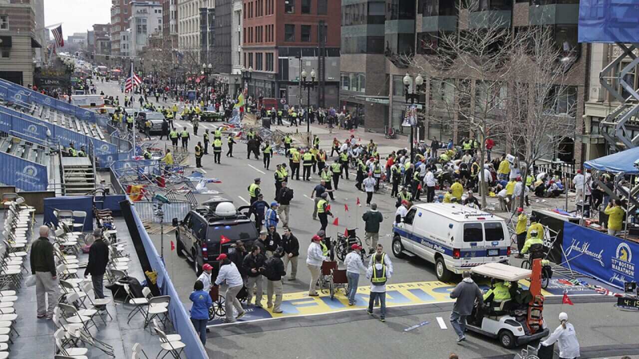 The aftermath of a bomb blast near the finish line on Boylston Street, Boston, Massachusetts. (Getty)