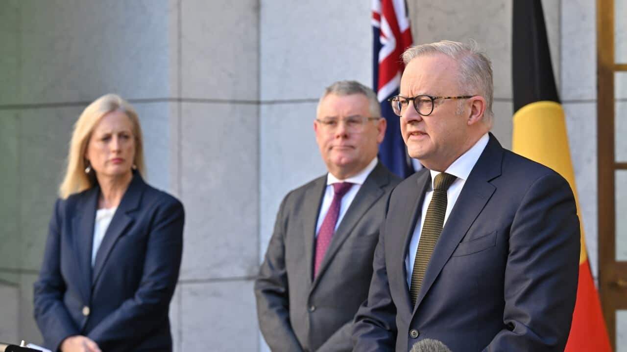 La ministra delle Finanze Katy Gallagher insieme al ministro dell'Ambiente Murray Watt e al primo ministro Anthony Albanese durante l'annuncio delle nuove riforme ambientali.