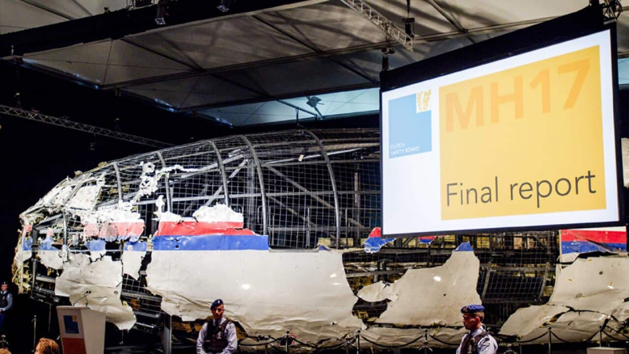 The rebuilt fuselage of Malaysia Airlines flight 17