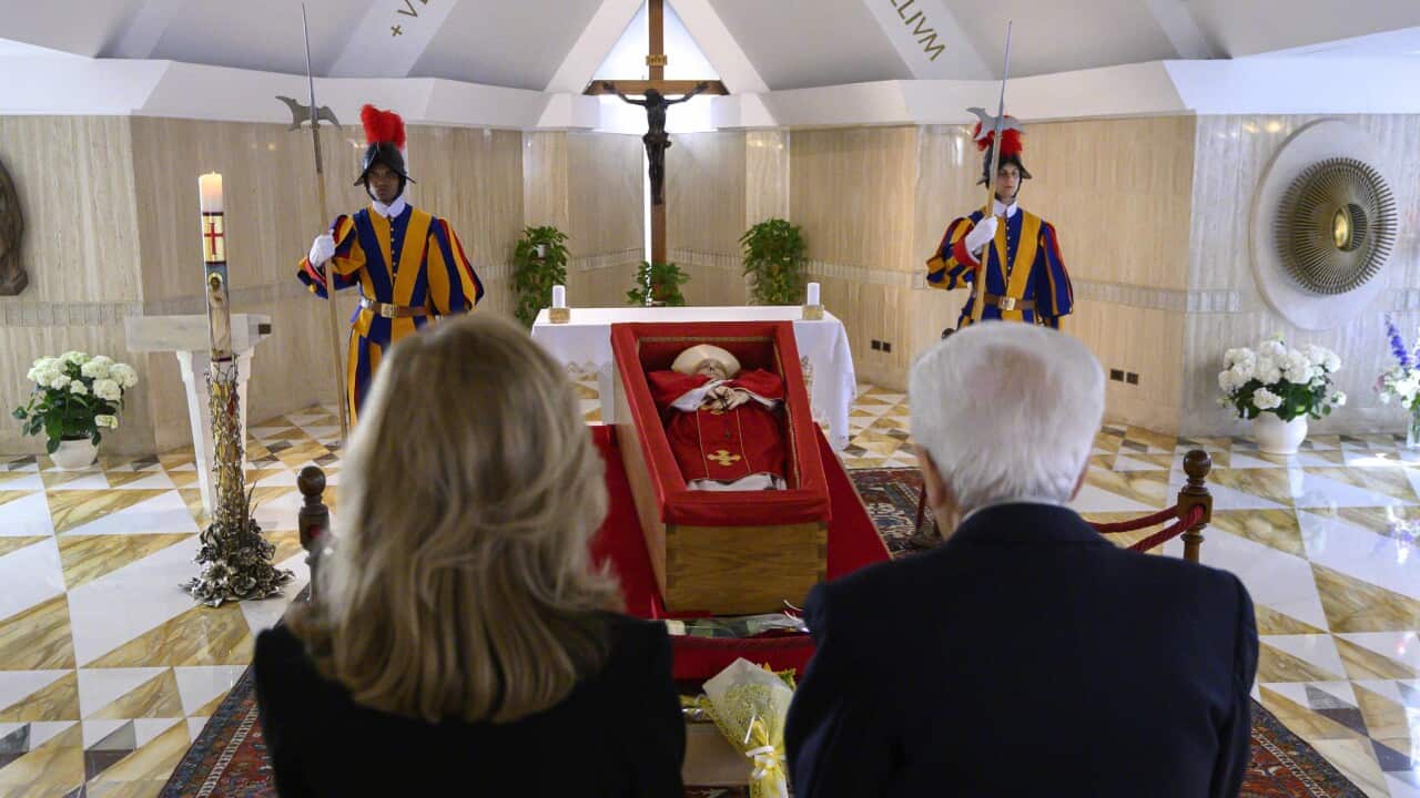 Italian President Sergio Mattarella pays respect to late Pope Francis