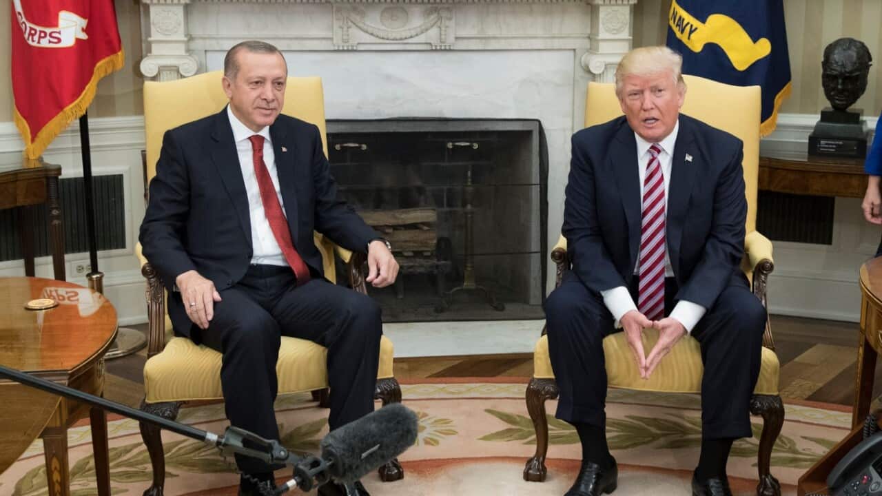 US President Donald J. Trump (R) and President of Turkey Recep Tayyip Erdogan (L) meet in the Oval Office of the White House in Washington, DC, USA, 16 May 2017.