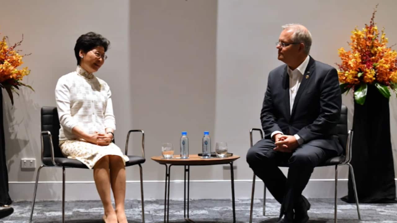Hong Kong chief executive Carrie Lam and Prime Minister Scott Morrison 