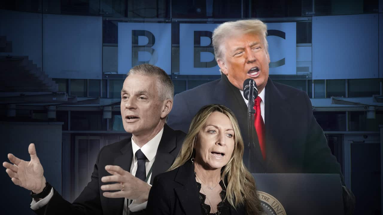 A composite image of three people below the BBC logo