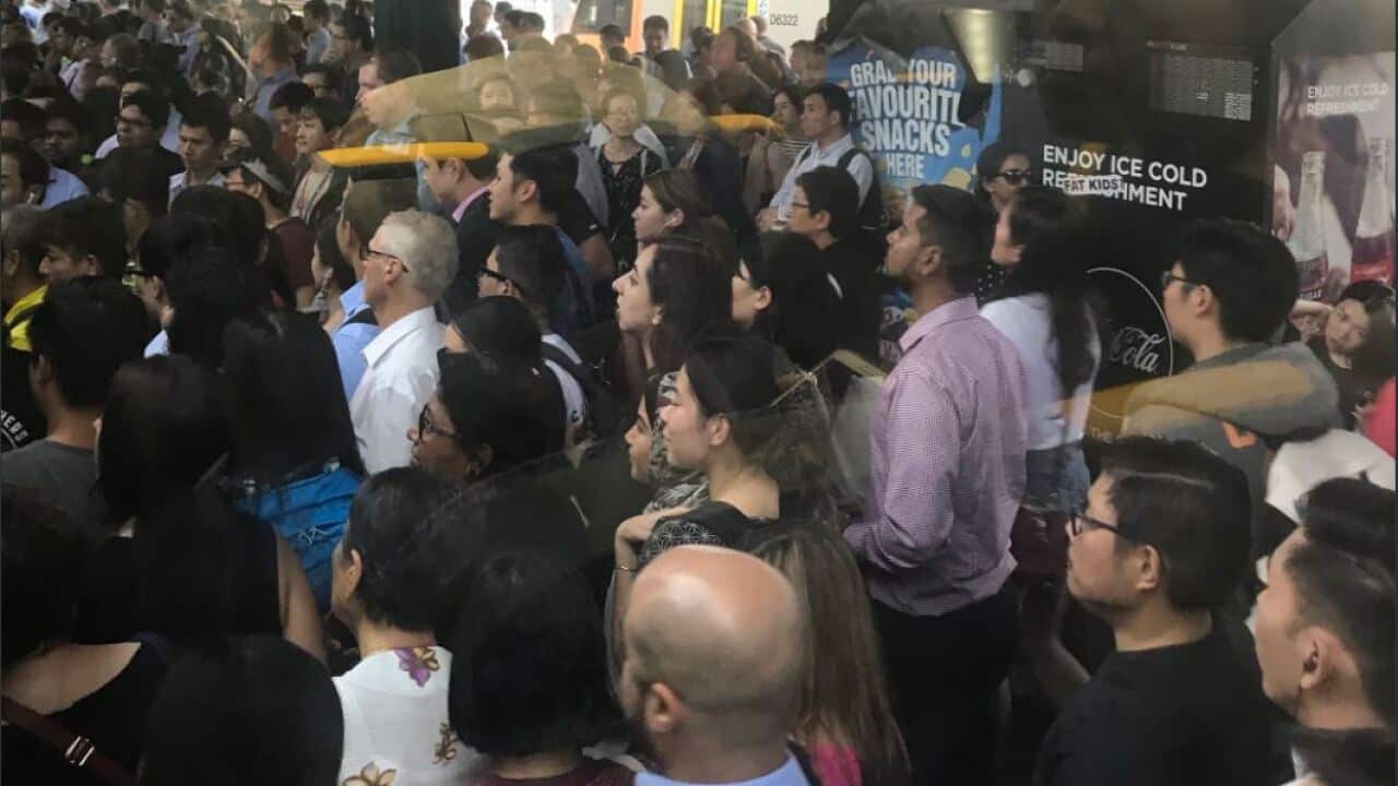 Sydney commuters at Strathfield station, in the city's inner-west, during train delays on Tuesday.
