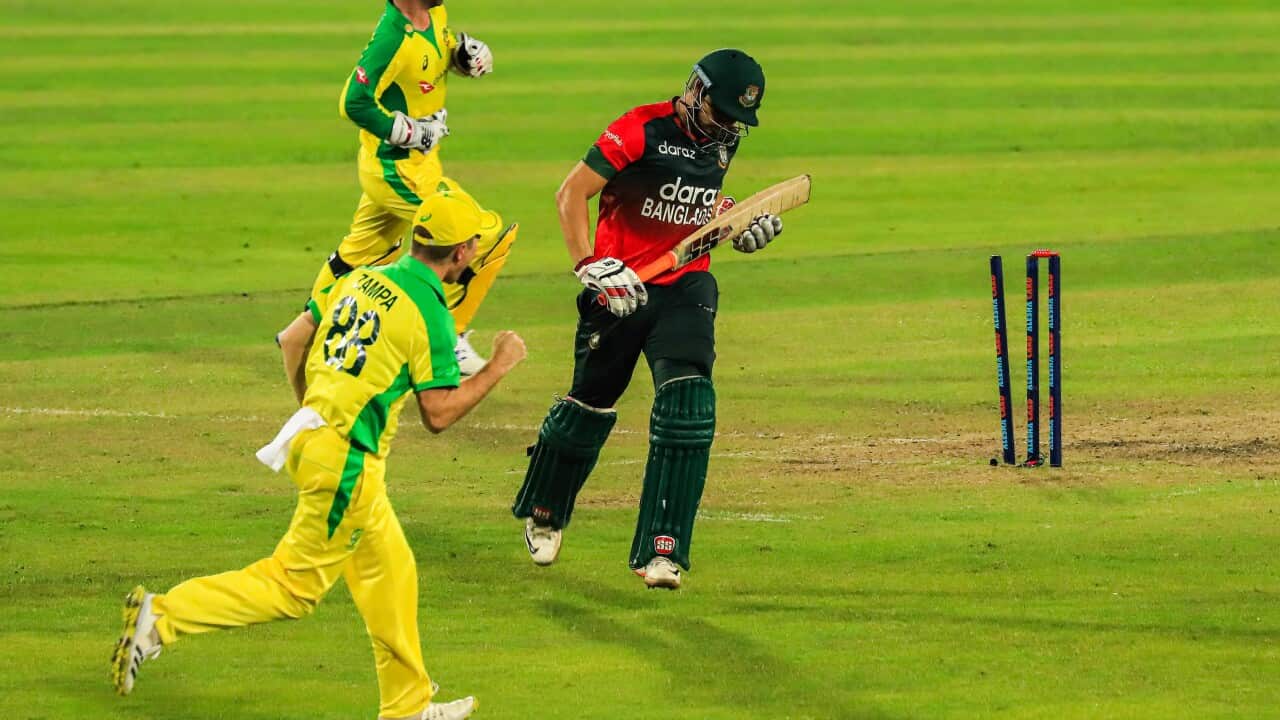 Bangladesh cricket player Nurul Hasan (R) in action during the Third T20 match between Australia cricket team and Bangladesh at Sher e Bangla National Cricket Stadium.Bangladesh won by 10 runs. (Photo by Md Manik / SOPA Images/Sipa USA)