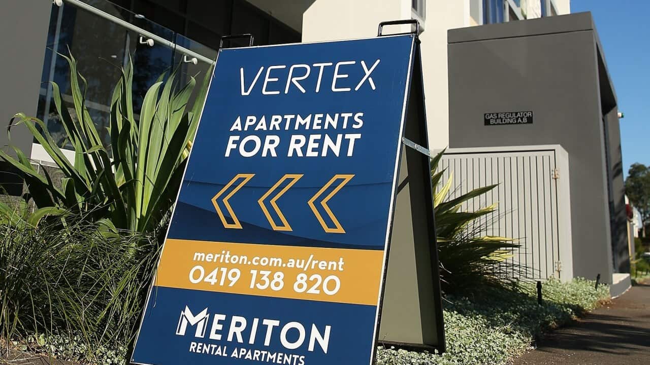 A rental sign is displayed outside an apartment complex in Sydney
