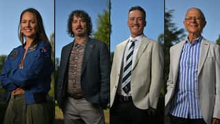 A composite image features portraits of four individuals — a woman in an astronaut flight suit and three men in semi-formal attire.