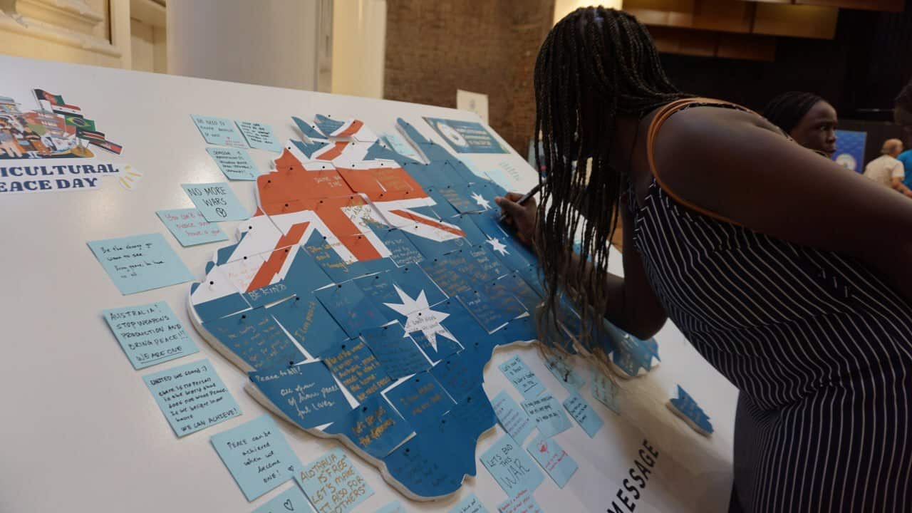Writing Peace Messages for Australia by a youth participant of Multicultural Peace Day held in Melbourne, 11 Mar 2023. (Courtesy Mark Anthony).