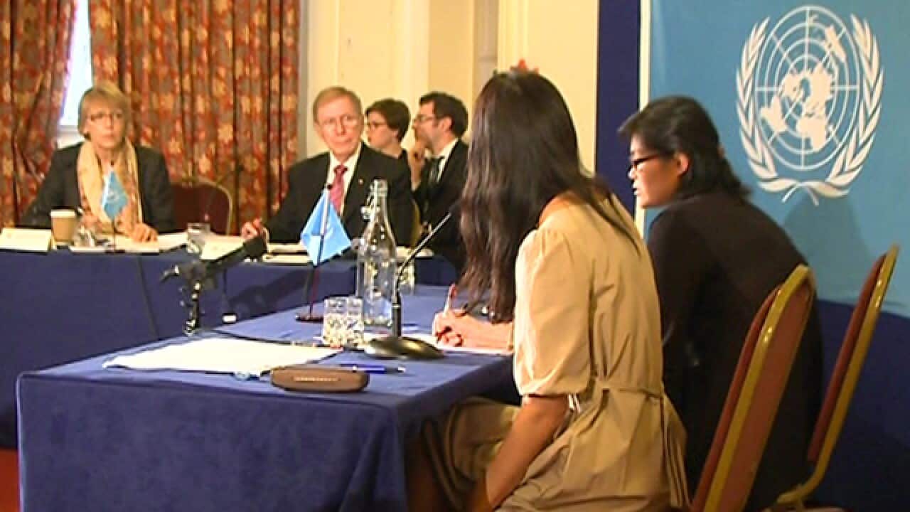 Park Ji Yung gives evidence to the UN Inquiry led my Justice Michael Kirby. (SBS)