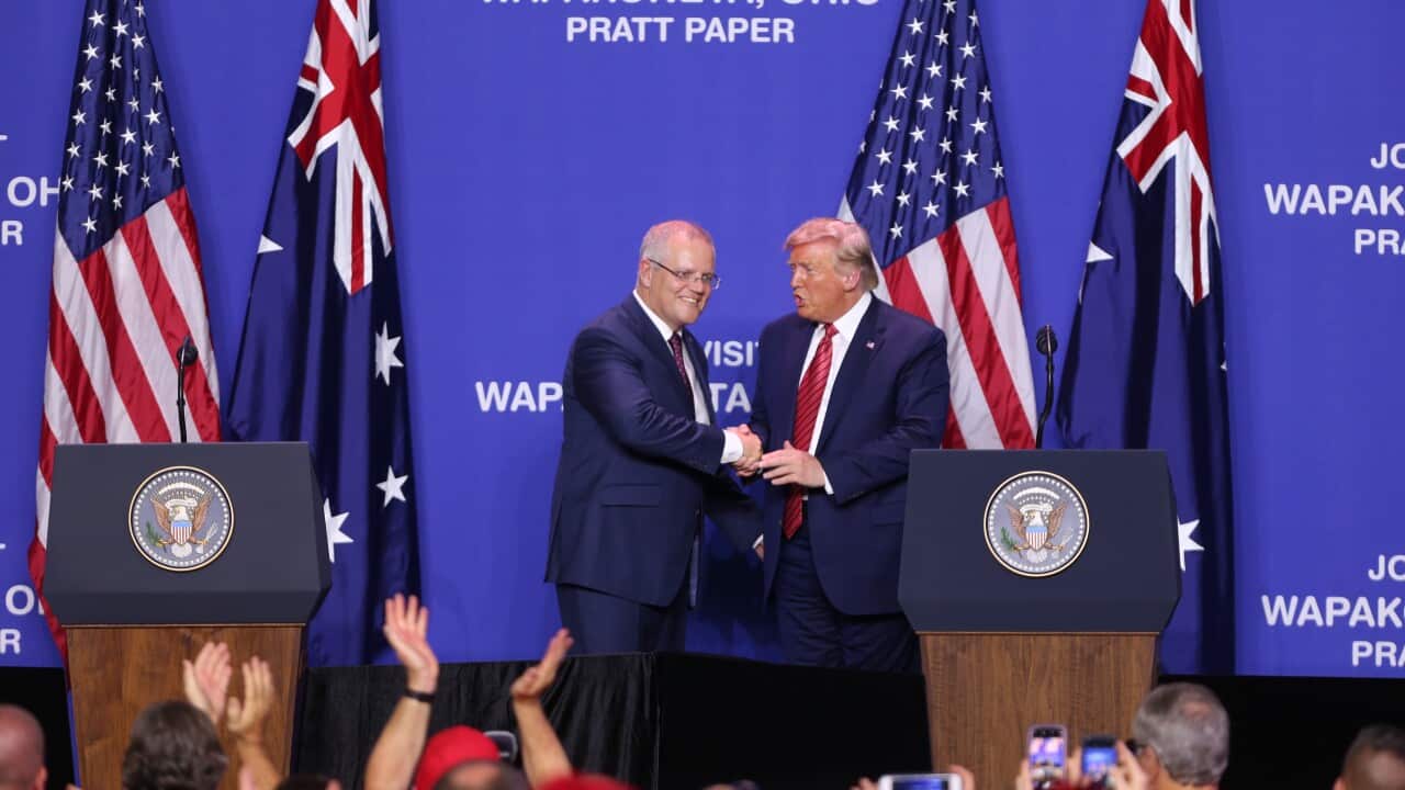 US President Donald Trump and Prime Minster Scott Morrison shake hands during an event at Pratt Industries in Wapakoneta, Ohio.