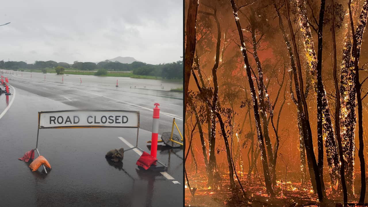 A two-way image showing a sign reading road closed with floodwater covering a road on the left and bushfire embers illuminating burning trees on the right.