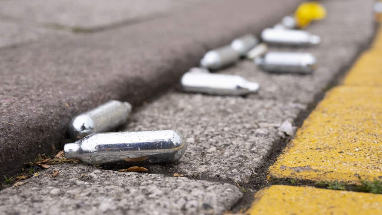Used nitrous oxide cannisters discarded after a lockdown party in the United Kingdom.