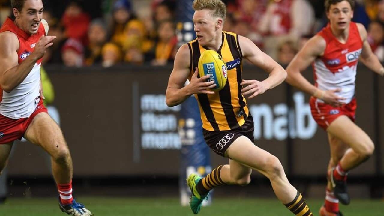 James Sicily of the Hawks (c) is seen in action against the Swans.