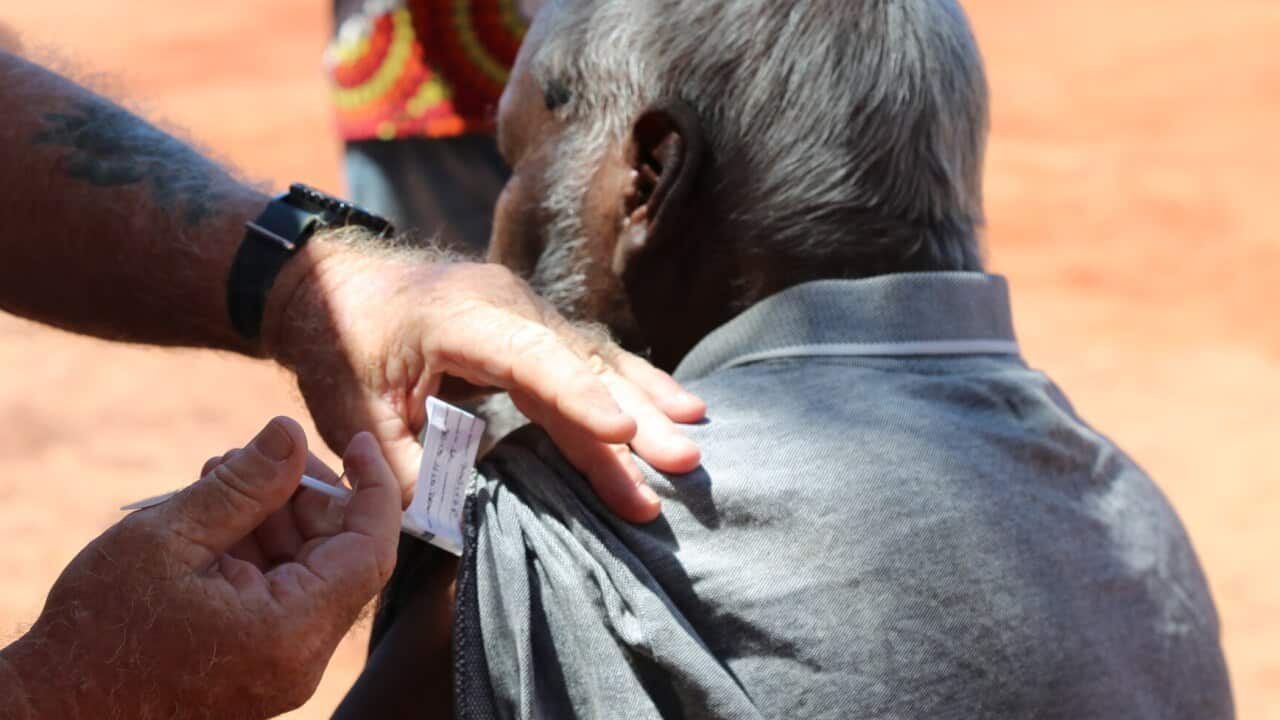 A supplied image of Beagle Bay community member receiving a coronavirus vaccine in the remote Aboriginal community of Beagle Bay in the Kimberley region, WA.