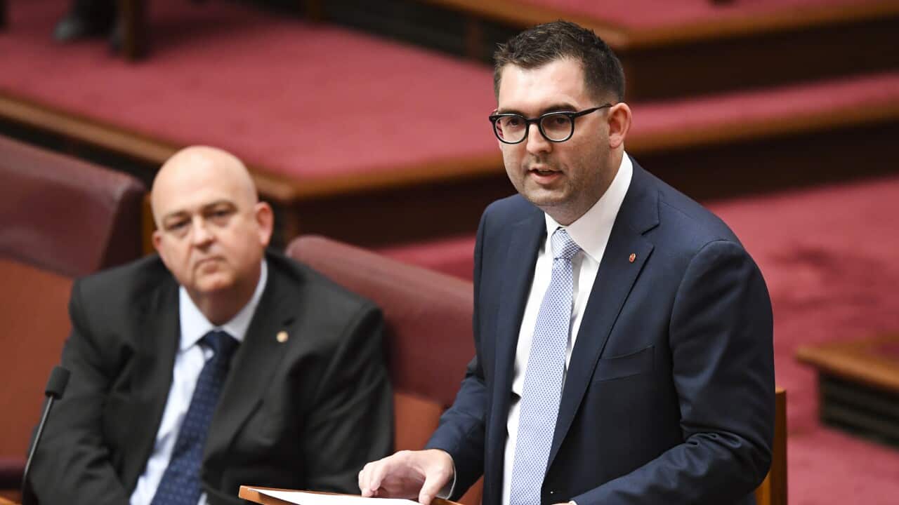 Ben Small standing delivering his maiden speech in parliament.