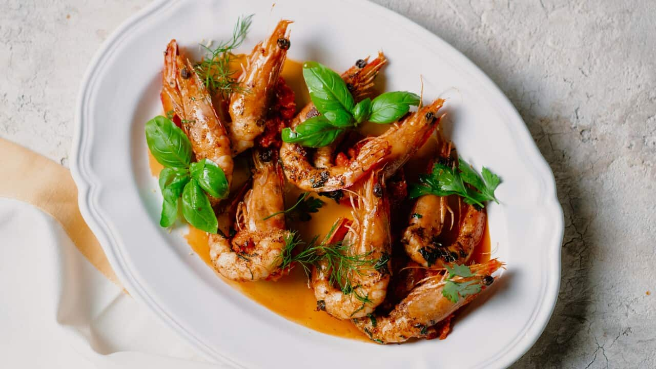 Marinated king prawns with pappa al pomodoro