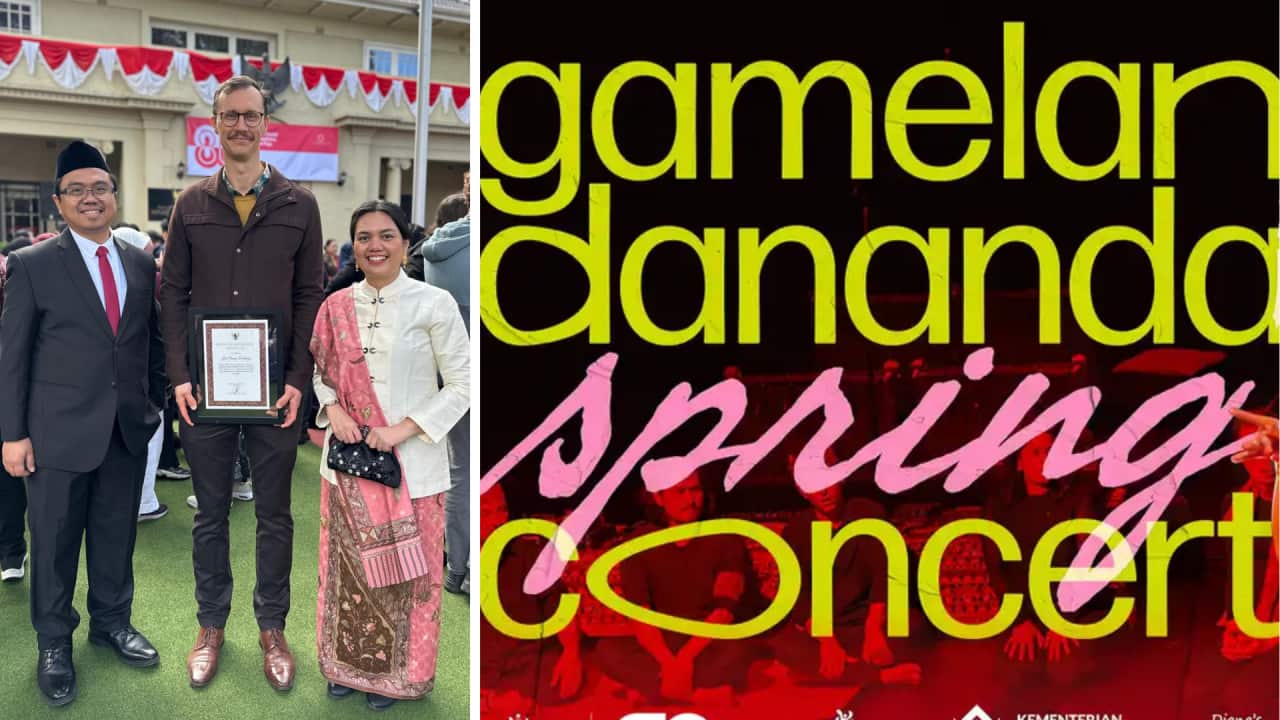 Picture 1: John Cheong-Holdaway (centre) posing after receiving Consul General Republic of Indonesian Award at the flag raising ceremony of the 80th Indonesian Independence Day – 17 Aug 2025, Melbourne.  Photo courtesy: Mohammad Razan Bahri
Picture 2: Official Flyer of Gamelan DanAnda Spring Concert 2025 at Collingwood Town Hall – Sun 14 Sep.  Courtesy: Gamelan DanAnda, 2025.