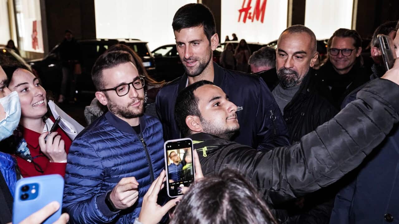 Novak Djokovic is surrounded by fans as he arrives at Principi di Piemonte Hotel in Turin, ATP Finals, Turin, Masters, Serbia, World No1, Tennis
