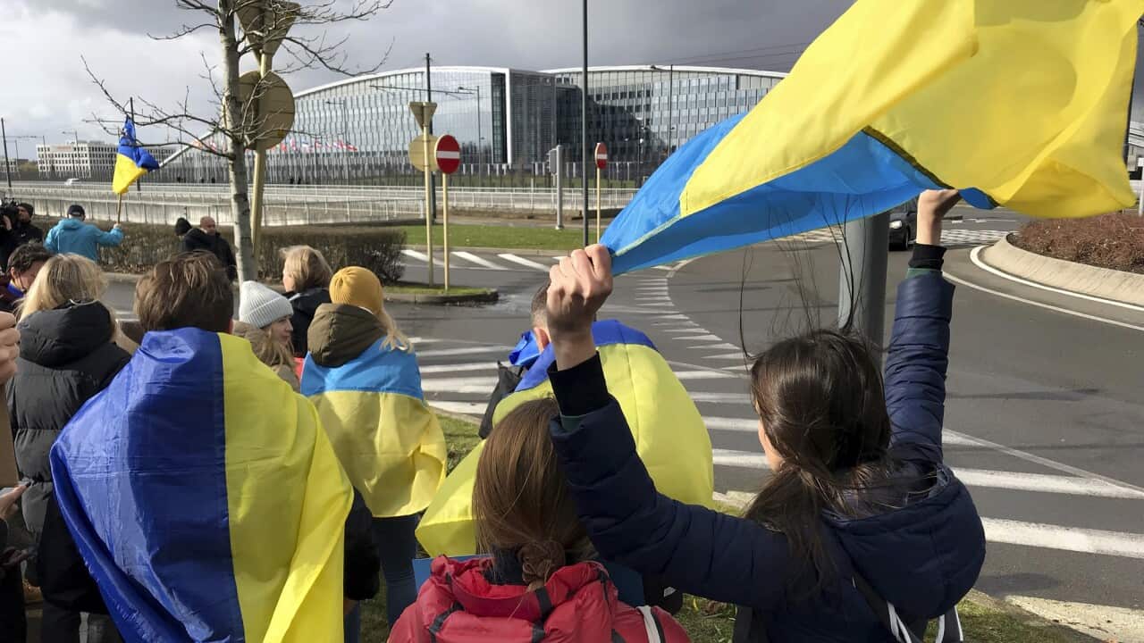 Protestors wave Ukrainian flag