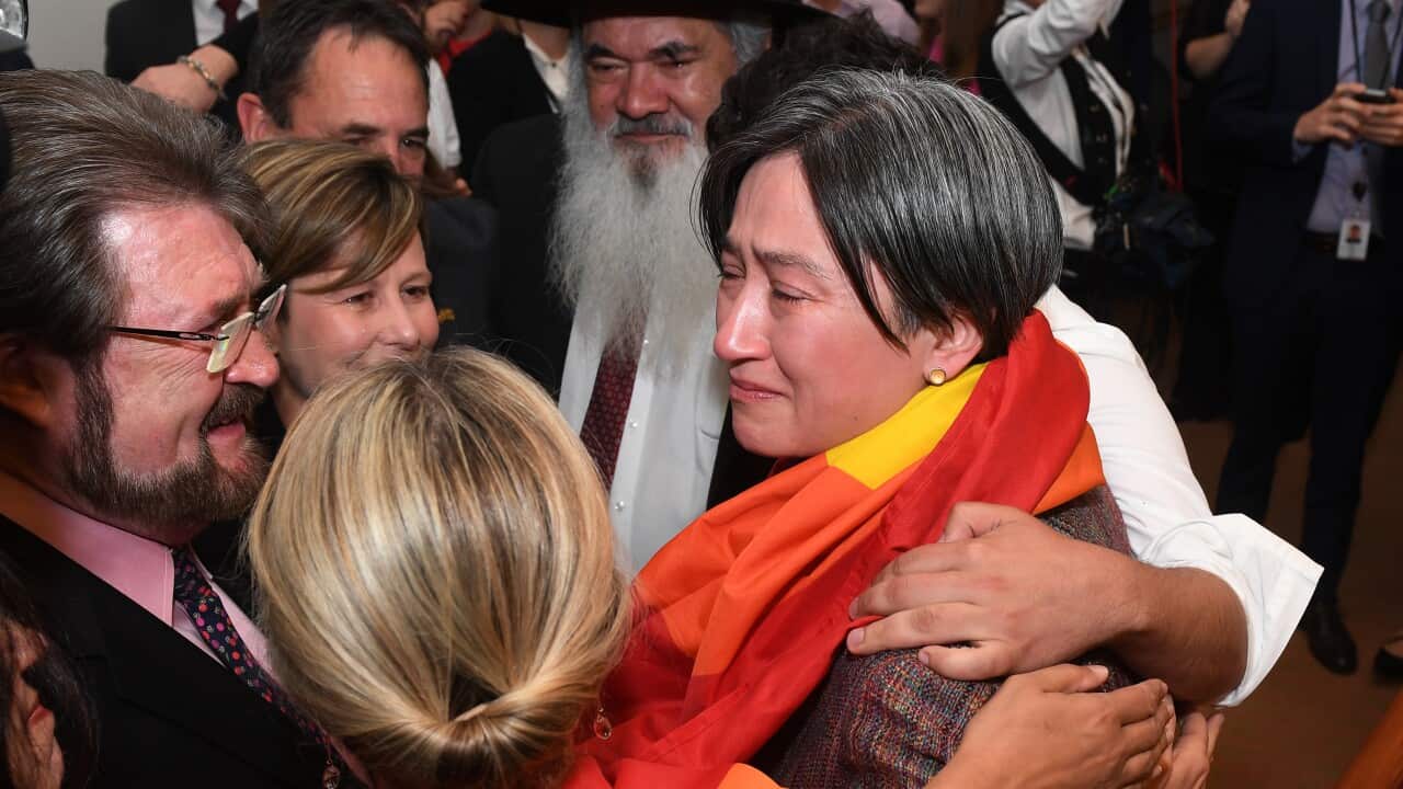 Senator Penny Wong reacts as she joins Parliamentarians as they watch a live broadcast of the announcement of the results of the Marriage Equality