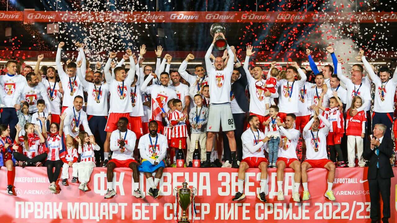 Red Star Belgrade football team celebrates 34th Serbian Champions title on 28 May 2023
