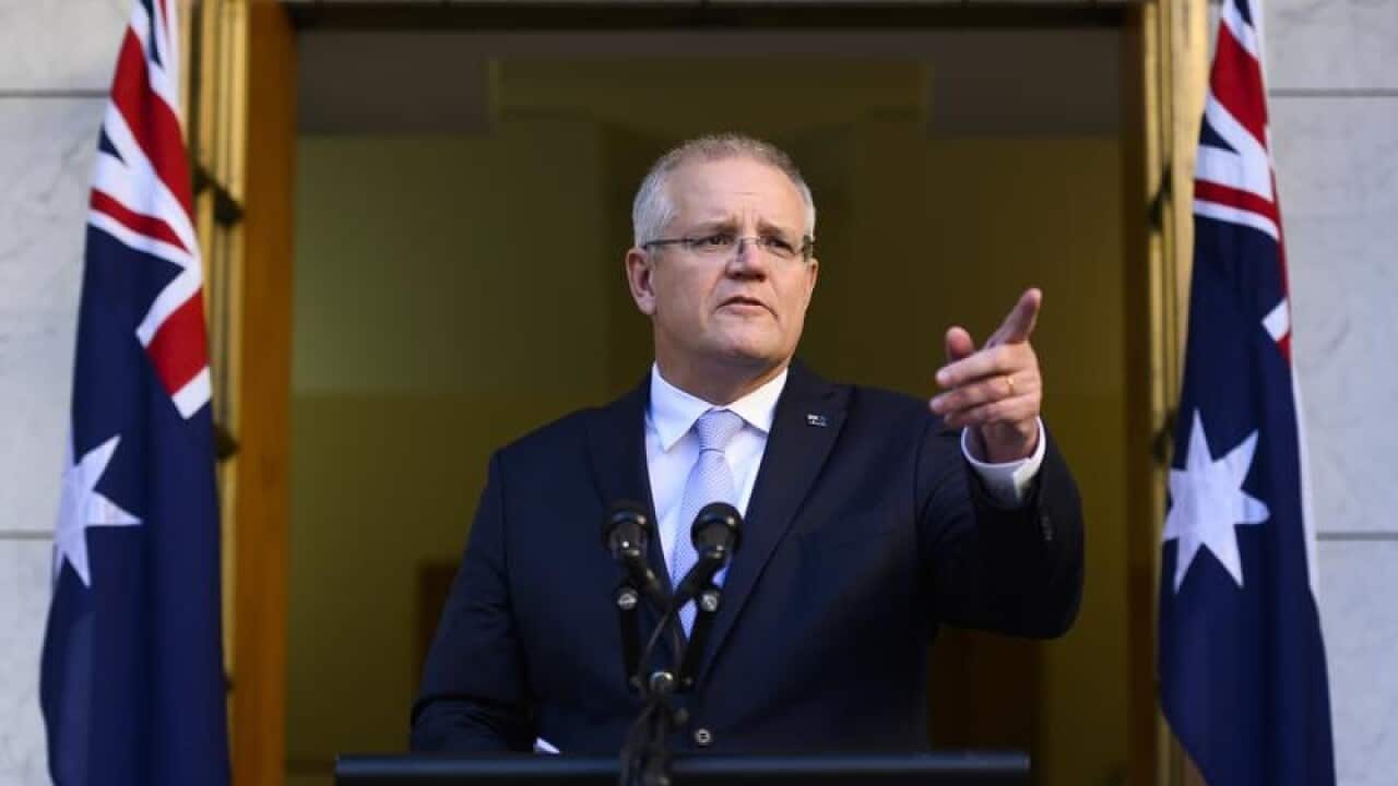 Scott Morrison announces his cabinet in the Prime Ministers Courtyard.