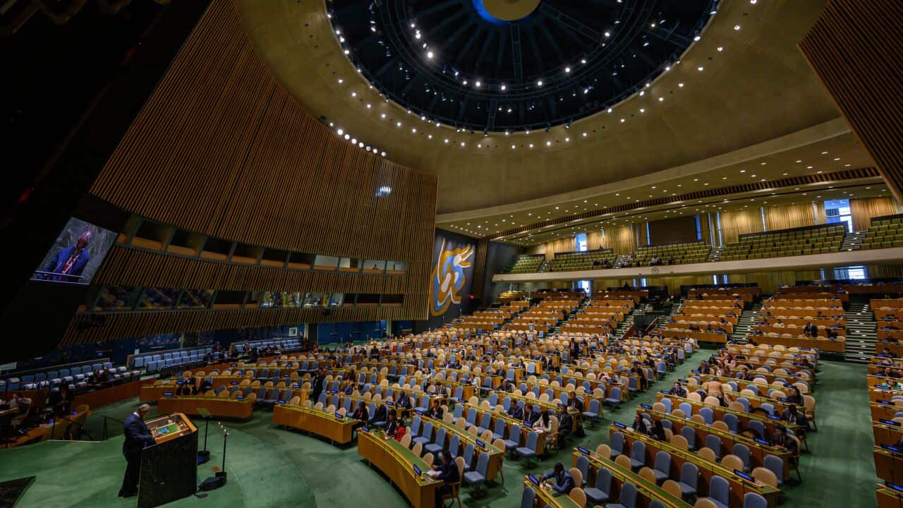 Vanuatu's Prime Minister Ishmael Kalsakau speaks ahead of a vote on a resolution aimed at fighting global warming, at the general assembly hall of the United Nations (UN) headquarters in New York.