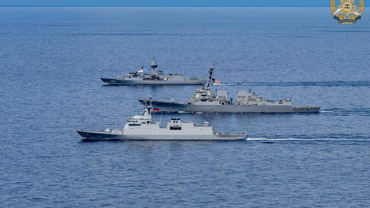 BRP Diego Silang (FFG7), USS Dewey (DDG 105), and HMAS Towoomba (FFH 156) transit in coordinated formation in the West Philippine Sea during the 14th Multilateral Maritime Cooperative Activity with the Philippines, Australia and United States on February 16, 2026