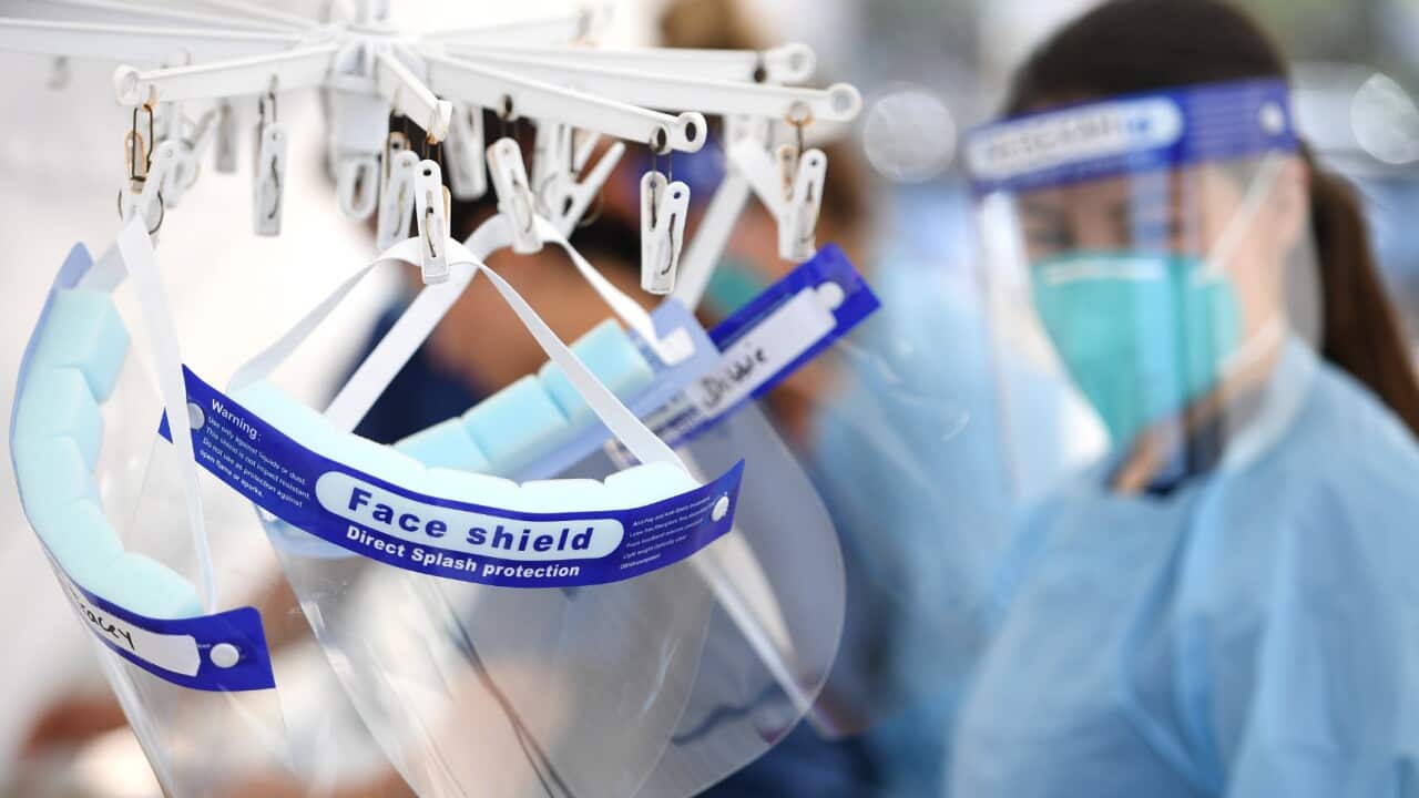 Face shields are seen at a coronavirus testing facility at Bondi Beach in Sydney, Thursday, 15 October, 2020.