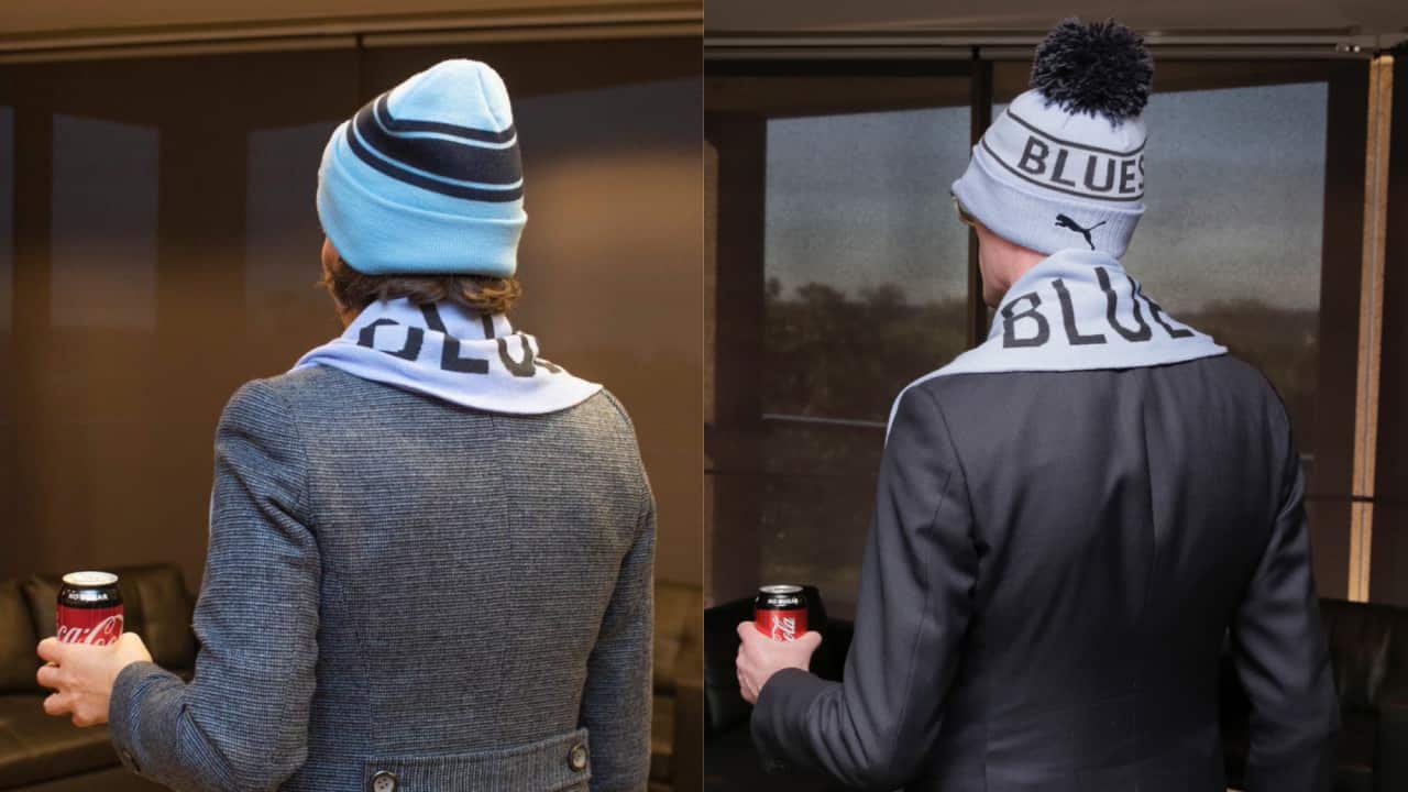 A collage of two people posing in front of the TV in the same way.