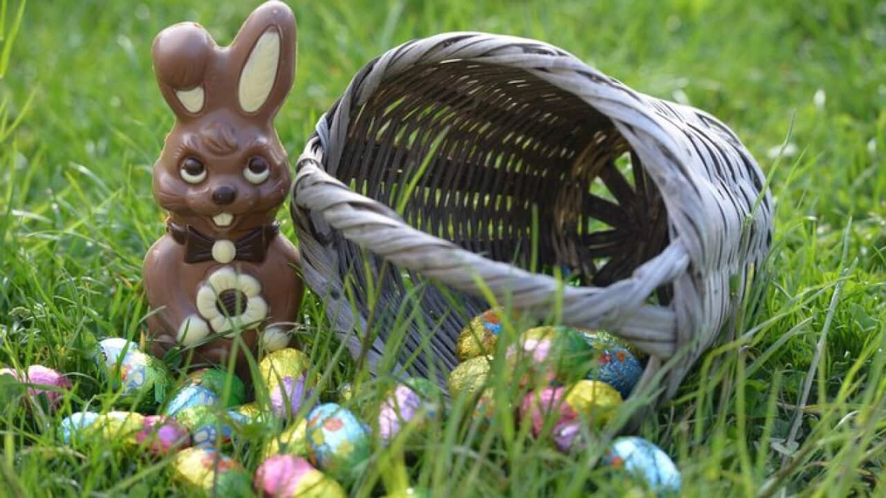 FRANCE: This photo taken on April 5th, 2015, shows a basket, a rabbit and chocolate eggs.For Eastern, children often go hunting chocolate eggs.  (AAP Image/CrowdSpark/MOURAD ALLILI). NO ARCHIVING, CROWD SOURCED CONTENT, EDITORIAL USE ONLY