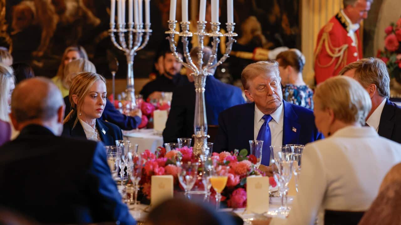 Italian Prime Minister Giorgia Meloni (L), US President Donald Trump (3-R) and Dutch King Willem-Alexander (2-R) preceded a dinner with heads of state and government at Paleis Huis Ten Bosch in The Hague, The Netherlands, 24 June 2025.
