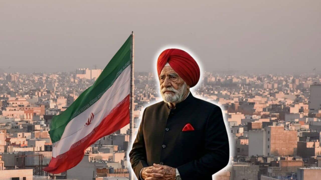 A collage of fourth generation Iranian Punjabi with a background of Iran flag and Iran sky line