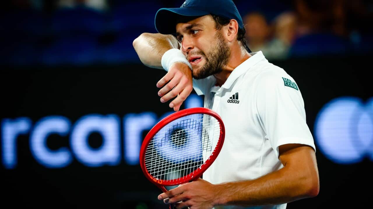 Russian Aslan Karatsev pictured in action during a tennis match against Serbian Djokovic in the semifinals of the men's singles competition of the 'Australian Open' tennis Grand Slam, Thursday 18 February 2021 in Melbourne Park, Melbourne, Australia. BELG