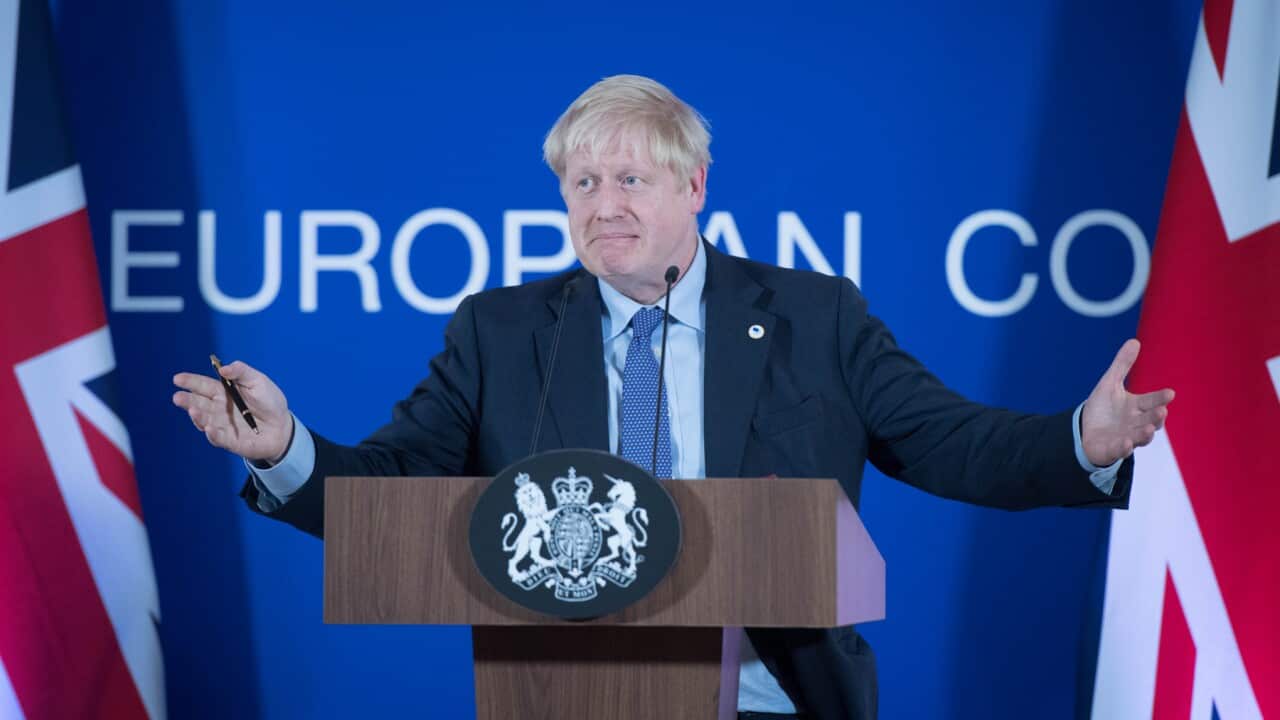 UK Prime Minister Boris Johnson speaking at the European Council summit at EU headquarters in Brussels.
