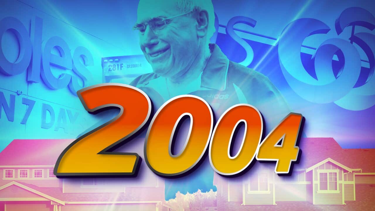 A graphic showing houses, logos of Coles and Woolworths and a man smiling, with 2004 written in the foreground.