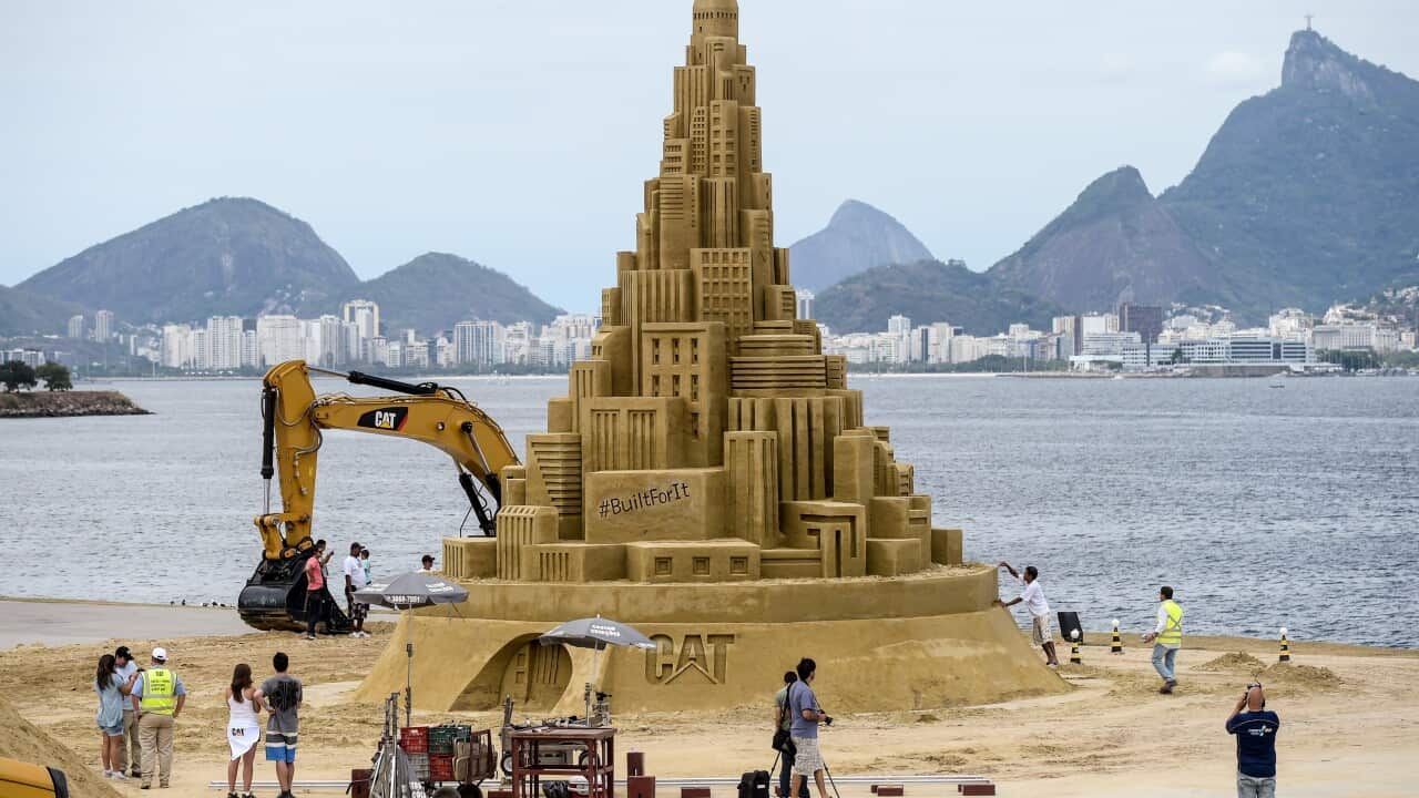 View of a 12-meter-high sand castle that aims to be the world highest sand castle in Niteroi, Brazil, on November 11, 2014.
