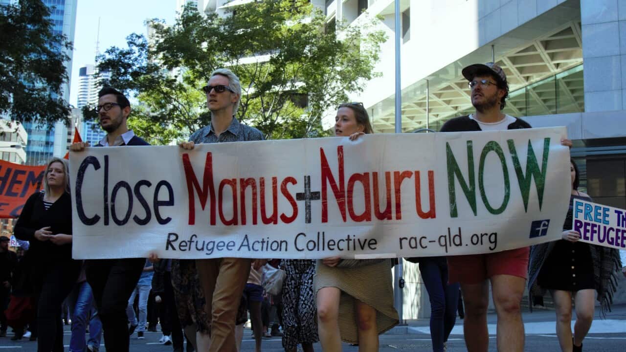 'Close Manus + Nauru now' as hundreds rally in Brisbane to protest Australia's policy of offshore detention on August 27, 2016.