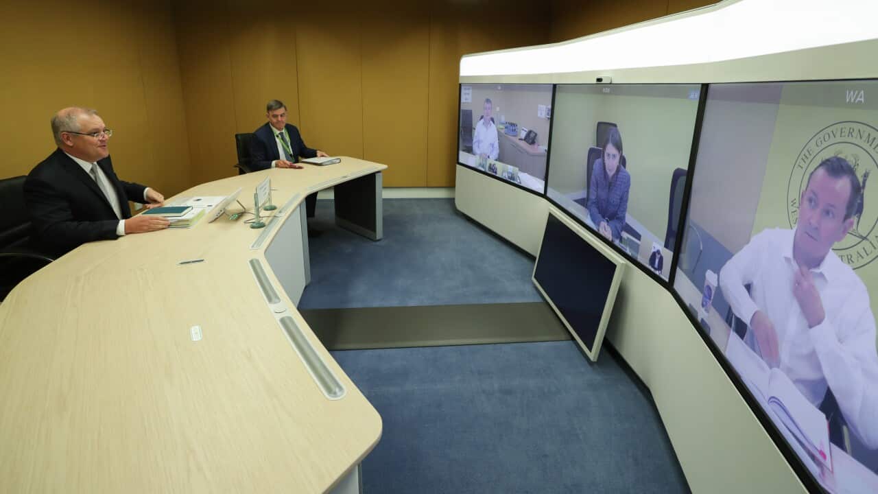 Prime Minister Scott Morrison and Chief Medical Officer Professor Brendan Murphy speak with (on screen) Jim McDowell, Chief Executive of the South Australia Department of Premier and Cabinet, Premier of NSW Gladys Berejiklian and Premier of Western Austra